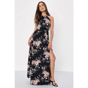 New Lulu's Dress Womens M Feel the Music Midnight Blue Black Floral Print Maxi